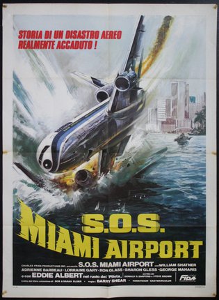 a poster of an airplane flying over water