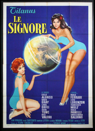 a poster of two women holding a globe