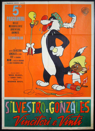 an orange and white poster with cartoon characters