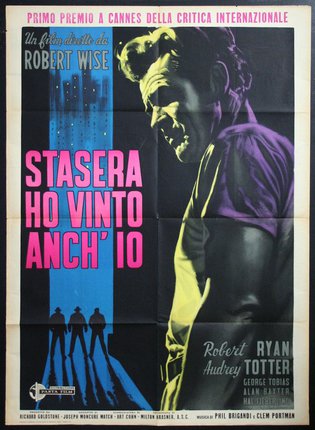 a movie poster with a man in front of a blue and pink background