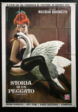 a poster of a woman with a swan