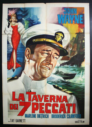 a movie poster of a man in a white uniform and a woman in a red dress