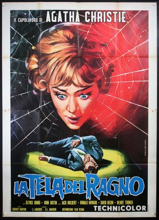 a movie poster of a woman looking at a man lying on a spider web