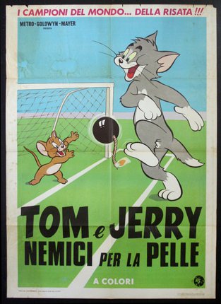 a poster of a cartoon character playing a football ball