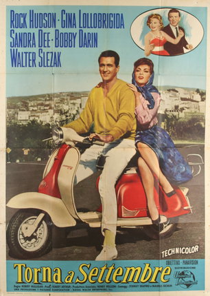 a poster of a man and woman on a scooter