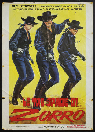 movie poster with 3 sword wielding masked people wearing black pants, vests, and hats.