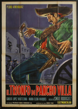 a poster of a Mexican cowboy falling back with a pistol flying out of his hand