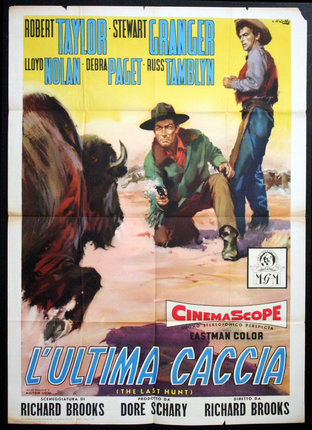 a movie poster with a man holding a gun and a buffalo