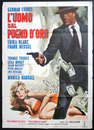 a movie poster with a man holding a gun and money falling from it