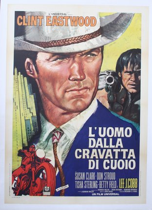 a poster of a man with a cowboy hat and a red motorcycle