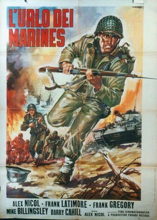 a poster of a soldier running with a gun