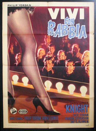a movie poster with a woman's leg and a crowd of people