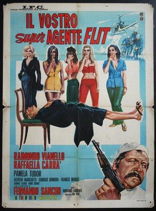 a movie poster with a man lying on a chair and a man holding a gun
