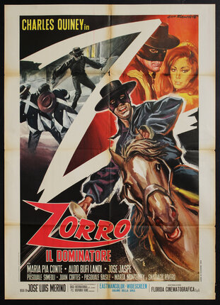 movie poster with a giant letter Z and a masked hero with a sword on a horse