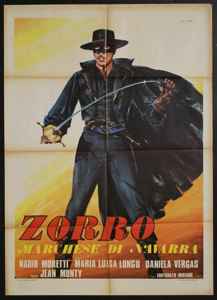 movie poster of a masked man in black wearing a cape and holding a sword