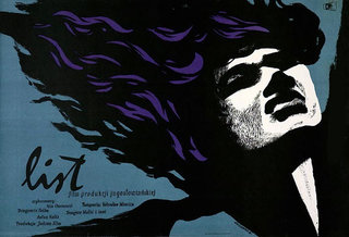 a poster of a man with purple hair