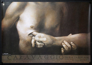 a painting of a man holding a hand