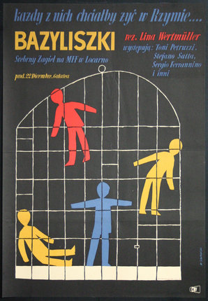 a poster with a group of people in a cage