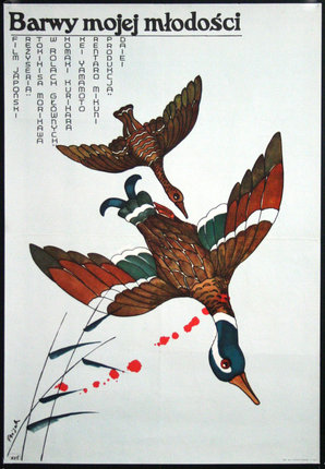 a poster with birds flying
