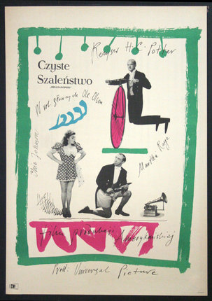 a poster with a man playing a bicycle and a woman