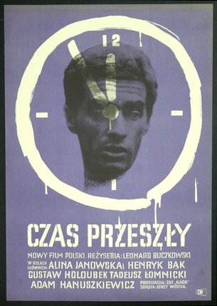 a poster of a man with a clock and a hand drawn symbol