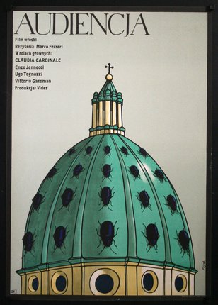 a poster with a green dome with black bugs on it
