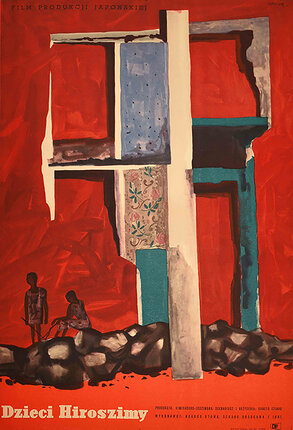 a painting of two people sitting on rocks and a cross