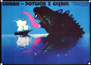 a poster of a monster with a boat in the water