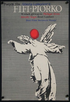 a poster of a person with wings and a red balloon on their head