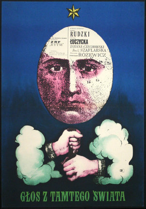 a poster with a face and text