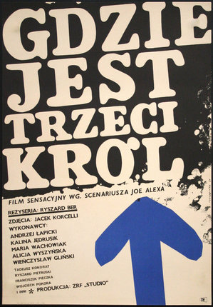 a poster with white text and blue arrow