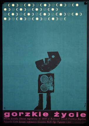 a poster with a blue background