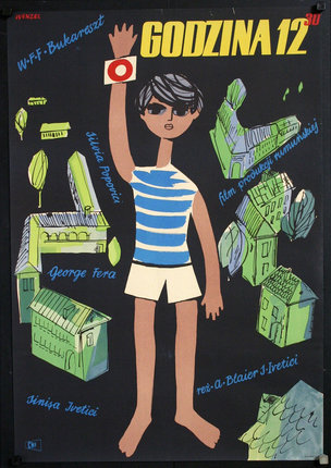 a poster with a cartoon character holding up a sign