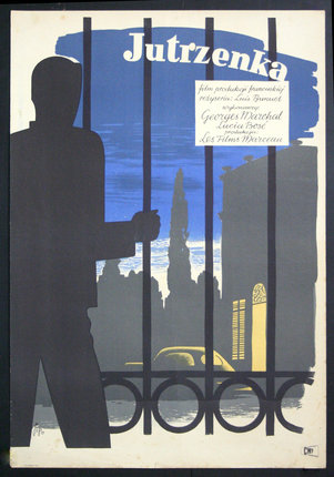 a poster of a man standing behind bars