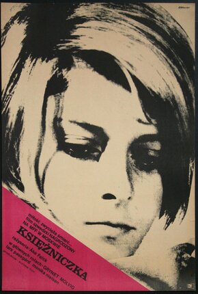 a poster of a woman with a pink corner