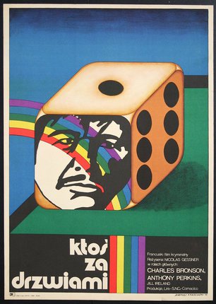 a poster of a man with a face and a dice