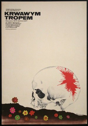 a poster of a skull with red paint on it
