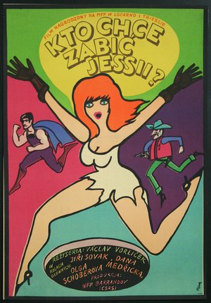a poster with a woman jumping
