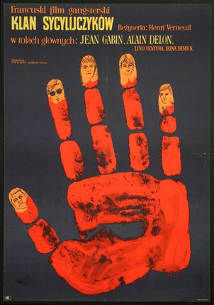 a poster of a hand with fingers painted with faces