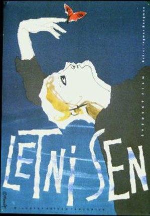a poster with a woman in the air
