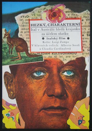 a poster with a man's face and kangaroo