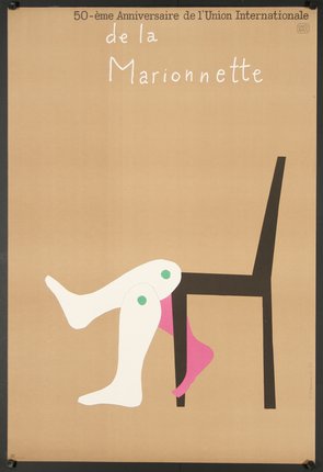 a poster with legs sticking out of a chair