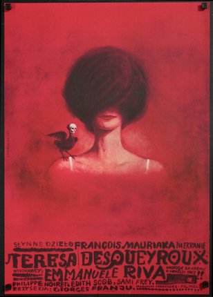 a poster of a woman with a bird on her shoulder