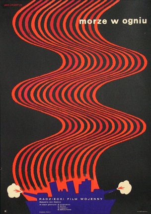 a poster with red and orange lines