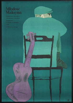 a poster of a man sitting on a chair with a guitar