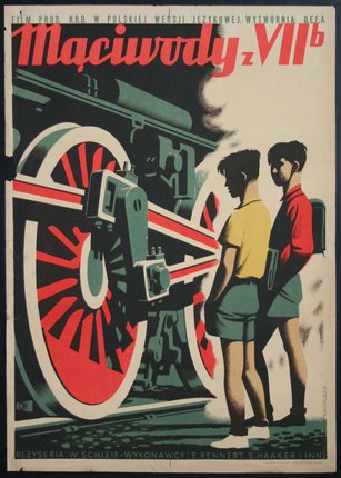 a poster of two boys standing next to a train