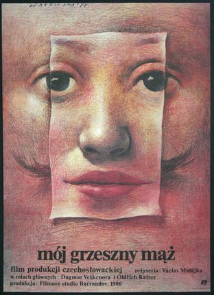a poster with a face and a woman's face
