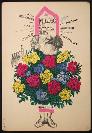 a poster with a man with flowers