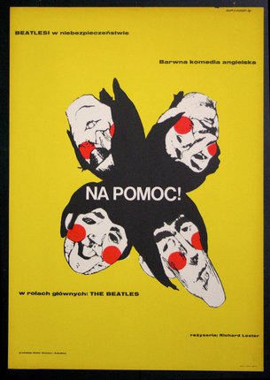 a yellow poster with a group of people with red dots on them