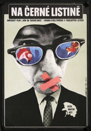 a poster of a man with glasses and tape on his mouth
